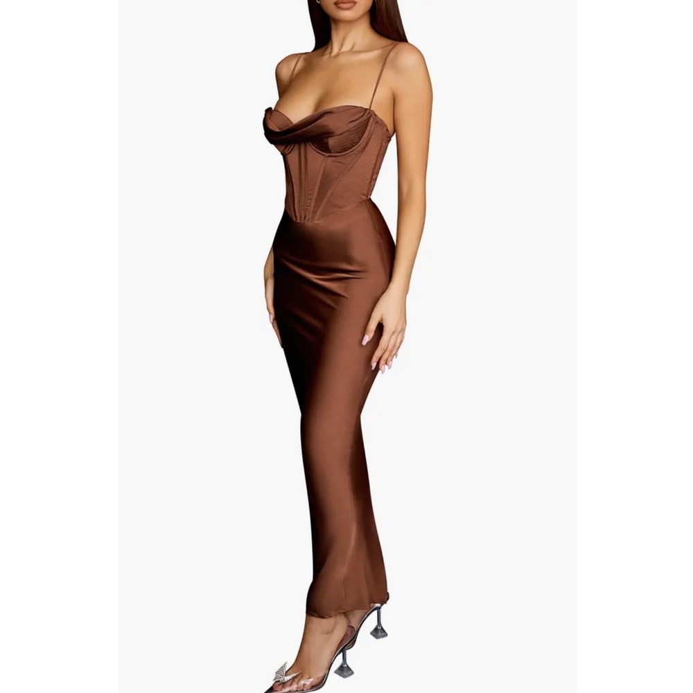 New!‎ House of CB Charmaine Corset Maxi Dress Brown Sz Large+ Cup $285 - Picture 3 of 8